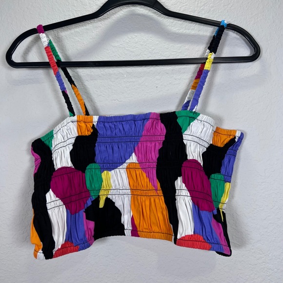 A New Day Smocked Crop Top Colorful Abstract Print halter Tank Top size large - Picture 2 of 3